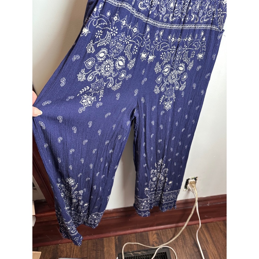 Coco + Jaimeson Womens Boho Navy Blue Paisley Strapless Wide Leg Jumpsuit Medium - Picture 2 of 8